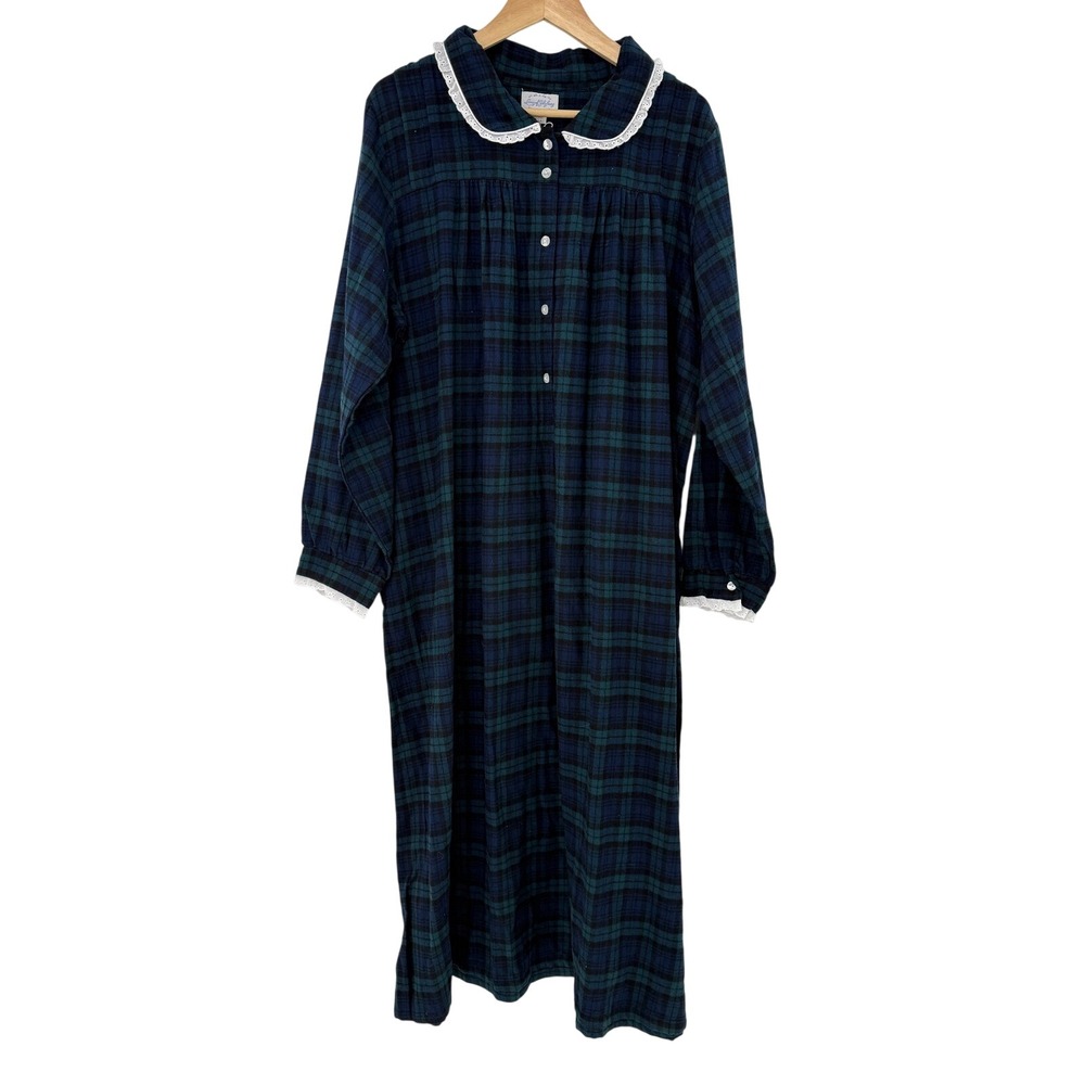 NWT Lanz of Salzburg Womens Flannel Nightgown Blue Green Plaid Lace Trim Large